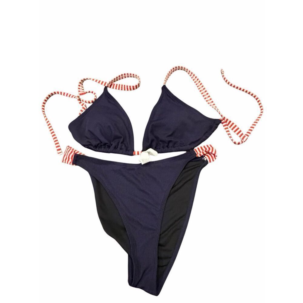 Cupshe navy with red / white striped straps bikini swimsuit - size L